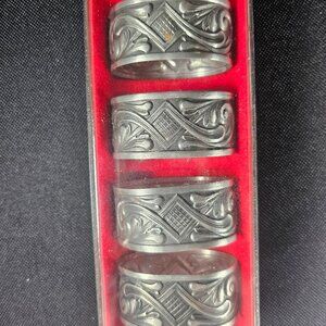 Set 4 Norwegian Selandia Pewter Folk Art Design Napkin Rings In Box Circa 1950